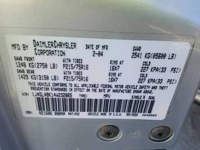 1J4GL48K14W232865 - 2004 JEEP LIBERTY SP SILVER photo 10