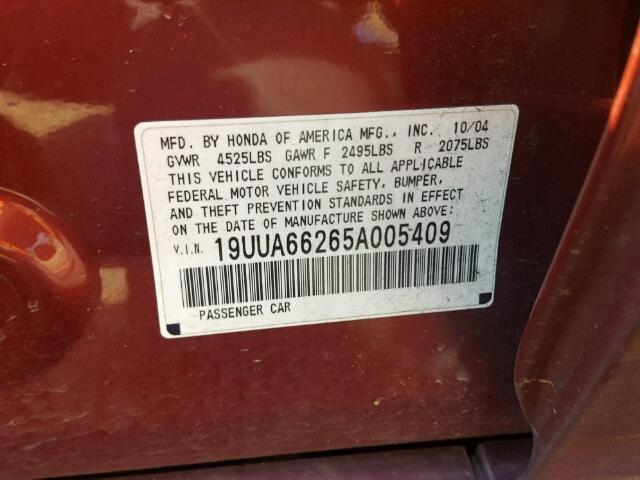 19UUA66265A005409 - 2005 ACURA TL BURGUNDY photo 10