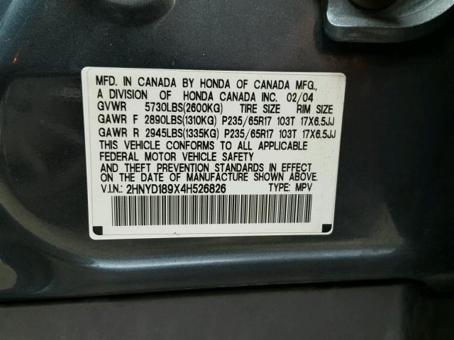 2HNYD189X4H526826 - 2004 ACURA MDX TOURIN GRAY photo 10