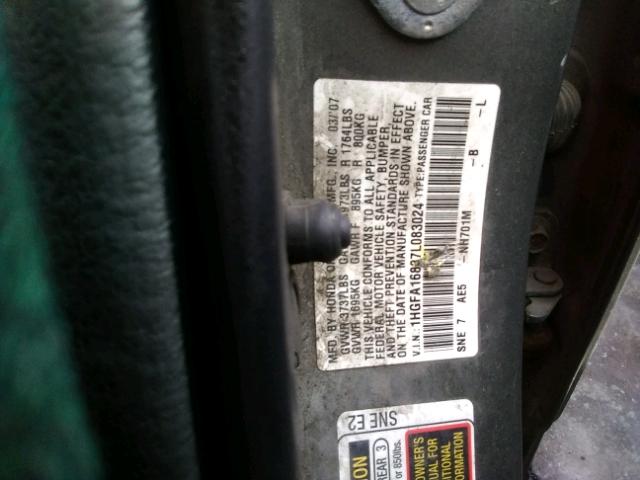 1HGFA16837L083024 - 2007 HONDA CIVIC EX ნაცრისფერი ფოტო 10