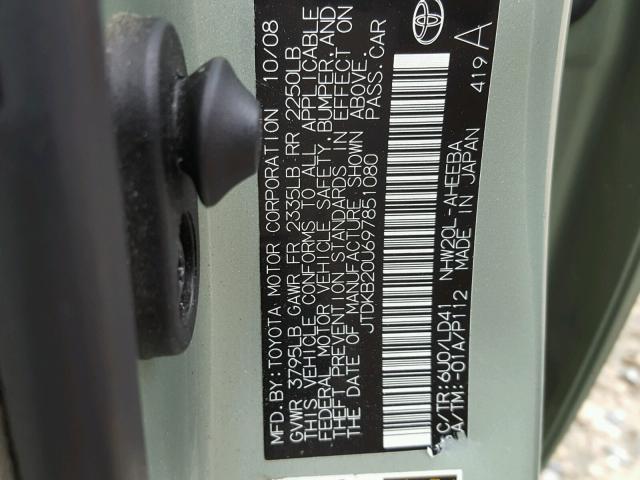 JTDKB20U697851080 - 2009 TOYOTA PRIUS GREEN photo 10