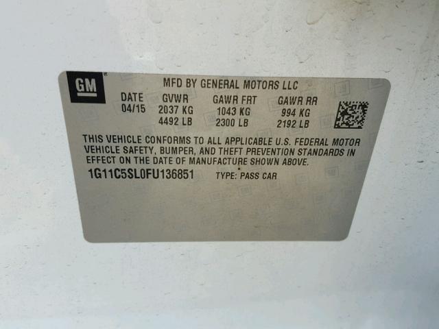 1G11C5SL0FU136851 - 2015 CHEVROLET MALIBU 1LT WHITE photo 10