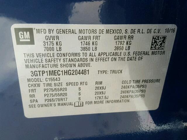 3GTP1MEC1HG204481 - 2017 GMC SIERRA C15 BLUE photo 10