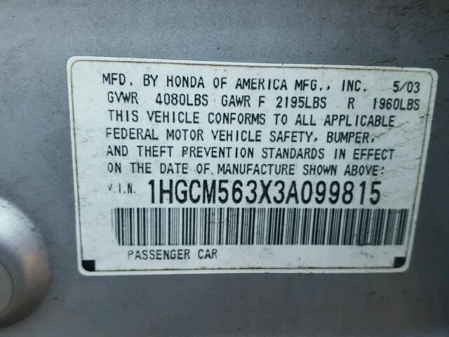 1HGCM563X3A099815 - 2003 HONDA ACCORD LX SILVER photo 10