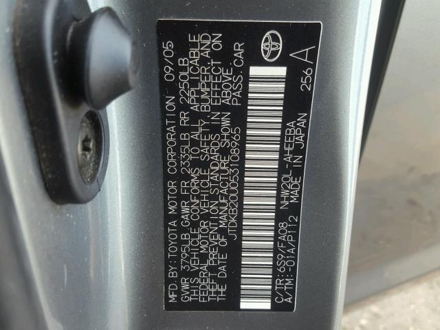 JTDKB20U053108965 - 2005 TOYOTA PRIUS BLUE photo 10