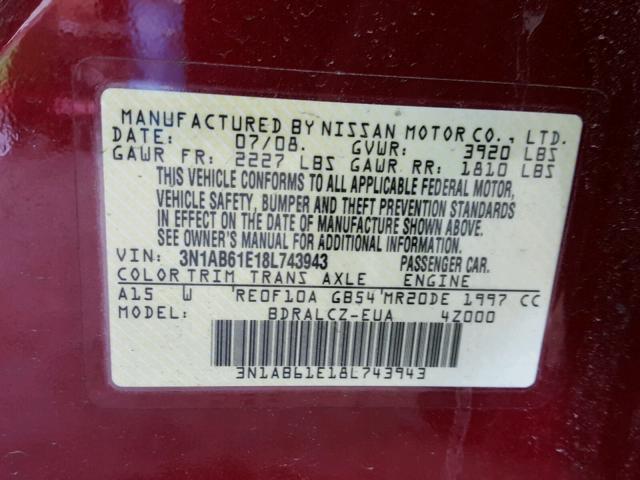 3N1AB61E18L743943 - 2008 NISSAN SENTRA 2.0 BURGUNDY photo 10