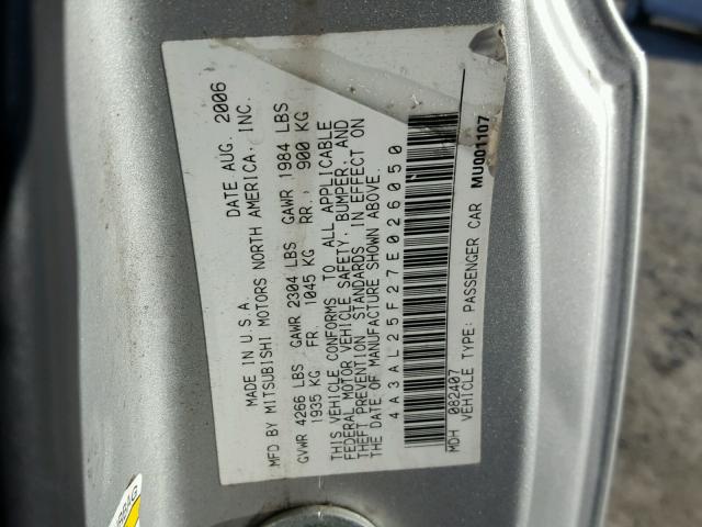 4A3AL25F27E026050 - 2007 MITSUBISHI ECLIPSE SP SILVER photo 10