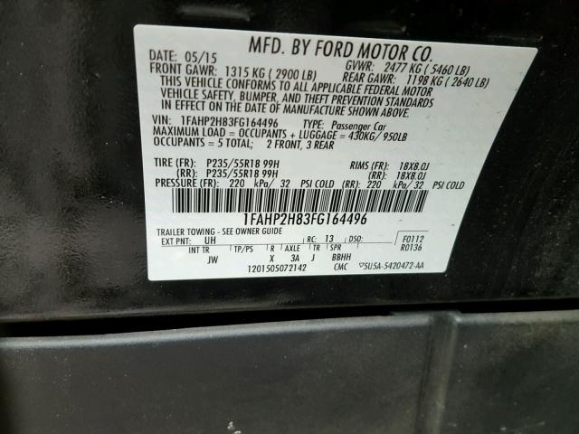 1FAHP2H83FG164496 - 2015 FORD TAURUS SEL BLACK photo 10