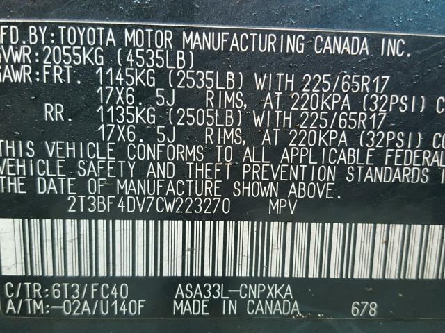 2T3BF4DV7CW223270 - 2012 TOYOTA RAV4 BLUE photo 10