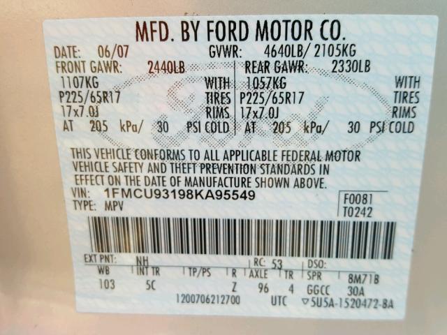 1FMCU93198KA95549 - 2008 FORD ESCAPE XLT SILVER photo 10