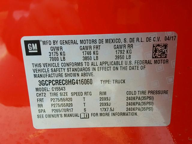 3GCPCREC8HG416060 - 2017 CHEVROLET SILVERADO RED photo 10