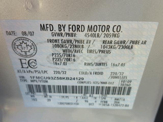 1FMCU93Z58KB24129 - 2008 FORD ESCAPE XLT SILVER photo 10