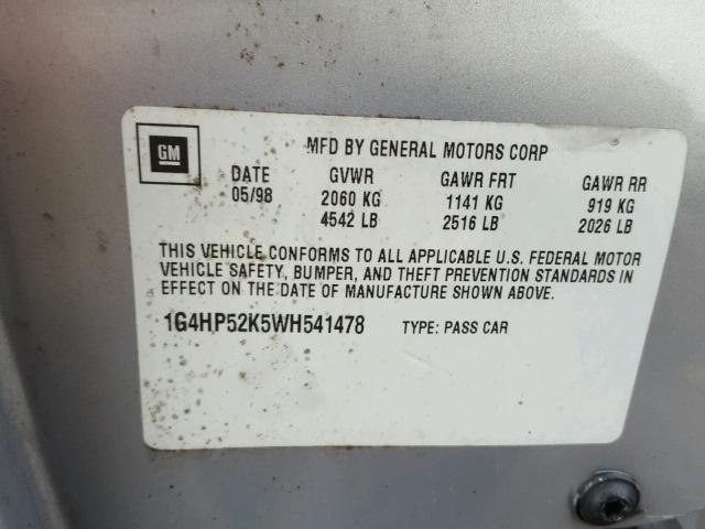 1G4HP52K5WH541478 - 1998 BUICK LESABRE CU SILVER photo 10