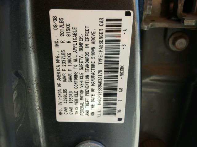 1HGCP26389A034170 - 2009 HONDA ACCORD LX GRAY photo 10