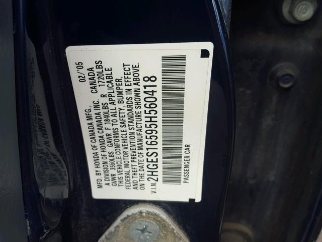 2HGES16595H560418 - 2005 HONDA CIVIC LX BLUE photo 10