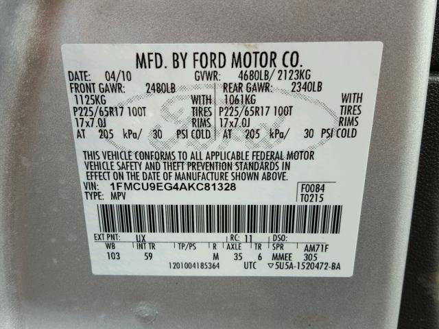 1FMCU9EG4AKC81328 - 2010 FORD ESCAPE LIM SILVER photo 10