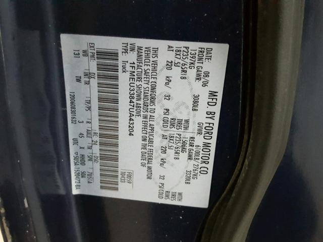 1FMEU33847UA43204 - 2007 FORD EXPLORER S BLUE photo 10