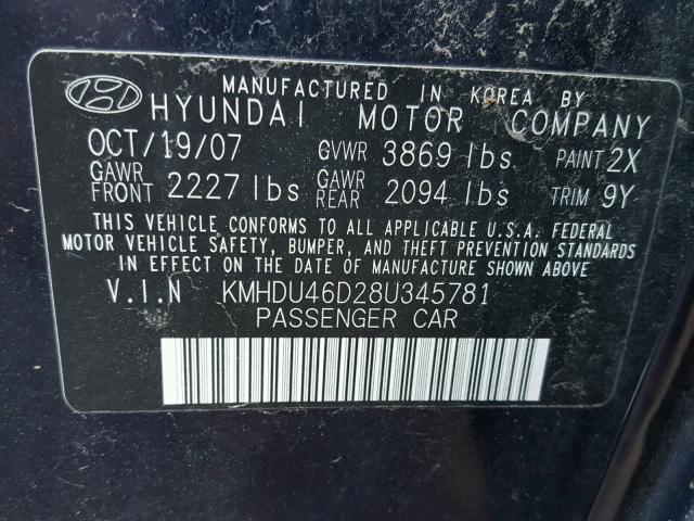 KMHDU46D28U345781 - 2008 HYUNDAI ELANTRA GL BLUE photo 10