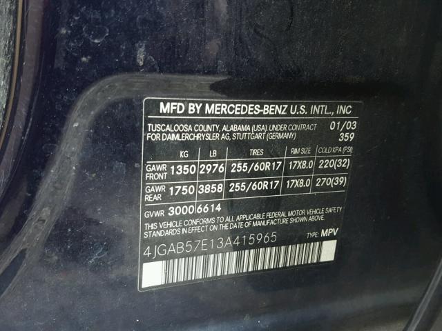 4JGAB57E13A415965 - 2003 MERCEDES-BENZ ML 350 BLUE photo 10