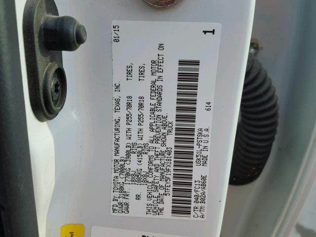 5TFEY5F19FX181403 - 2015 TOYOTA TUNDRA CRE WHITE photo 10