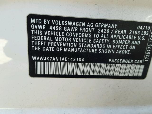 WVWJK7AN1AE149104 - 2010 VOLKSWAGEN PASSAT KOM WHITE photo 10