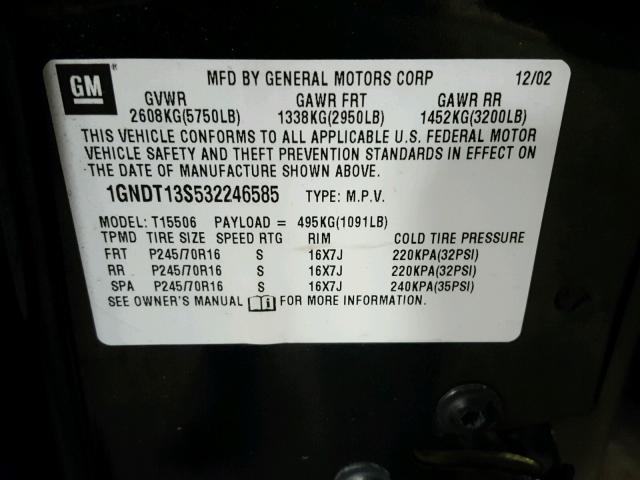 1GNDT13S532246585 - 2003 CHEVROLET TRAILBLAZE CHARCOAL photo 10