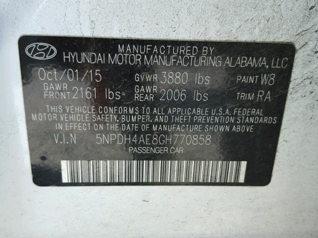 5NPDH4AE8GH770858 - 2016 HYUNDAI ELANTRA SE WHITE photo 10