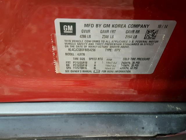 KL4CJCSB5FB054296 - 2015 BUICK ENCORE RED photo 10