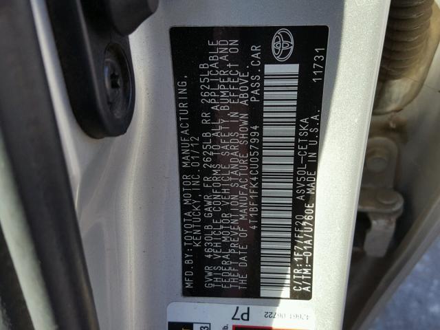 4T1BF1FK4CU057994 - 2012 TOYOTA CAMRY BASE SILVER photo 10