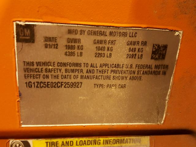 1G1ZC5E02CF259927 - 2012 CHEVROLET MALIBU 1LT 红色 照片 10