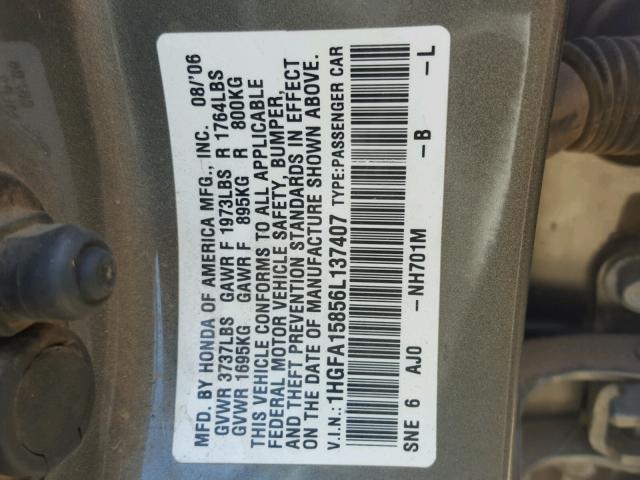 1HGFA15856L137407 - 2006 HONDA CIVIC EX GRAY photo 10