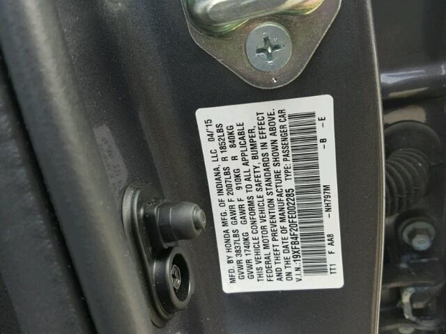 19XFB4F20FE002285 - 2015 HONDA CIVIC HYBR GRAY photo 10