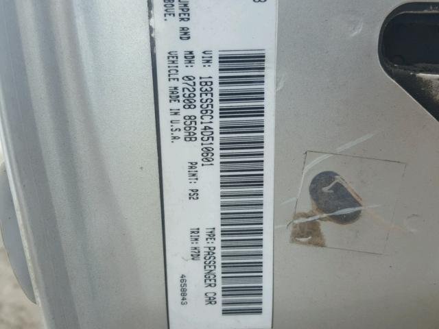 1B3ES56C14D510601 - 2004 DODGE NEON SXT SILVER photo 10