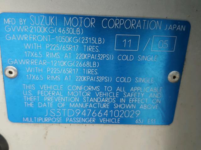 JS3TD947664102029 - 2006 SUZUKI GRAND VITA SILVER photo 10