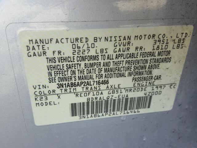 3N1AB6AP2AL716466 - 2010 NISSAN SENTRA 2.0 SILVER photo 10