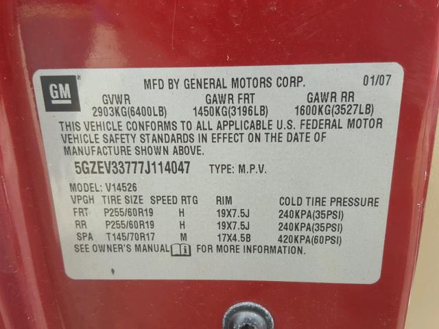 5GZEV33777J114047 - 2007 SATURN OUTLOOK SP მუქწითელი ფოტო 10