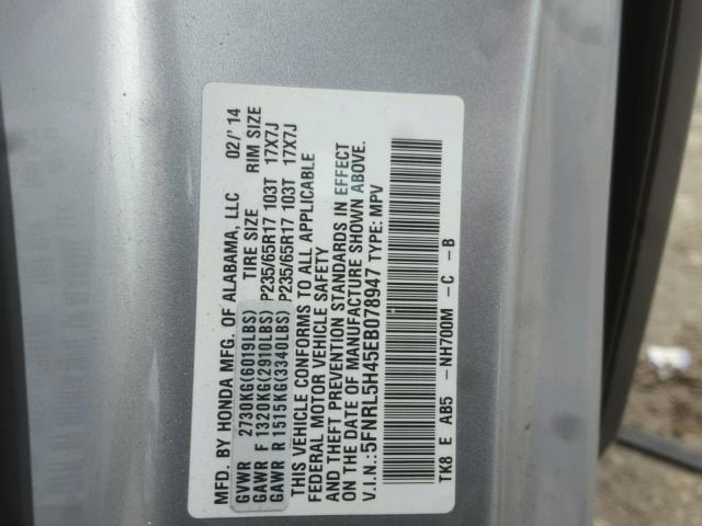 5FNRL5H45EB078947 - 2014 HONDA ODYSSEY EX SILVER photo 10