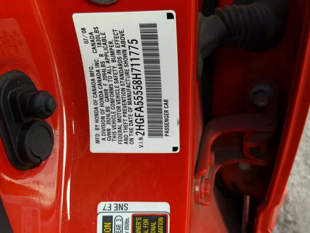 2HGFA55558H711775 - 2008 HONDA CIVIC SI RED photo 10