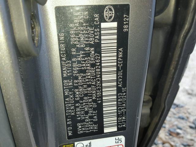 4T1BE32K34U824627 - 2004 TOYOTA CAMRY LE GRAY photo 10