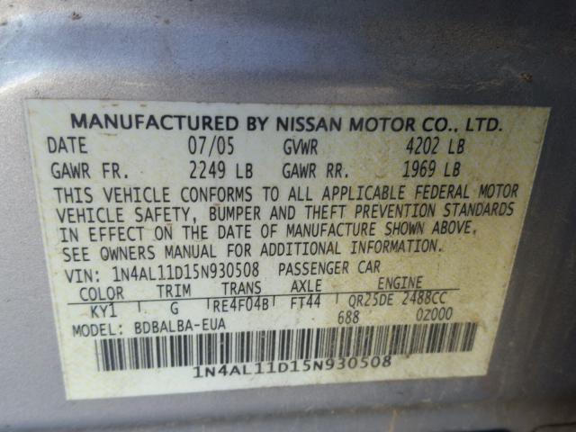 1N4AL11D15N930508 - 2005 NISSAN ALTIMA S SILVER photo 10