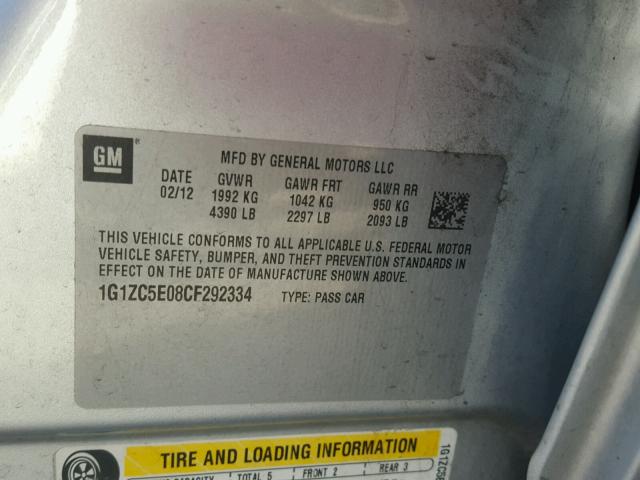 1G1ZC5E08CF292334 - 2012 CHEVROLET MALIBU 1LT 银色 照片 10