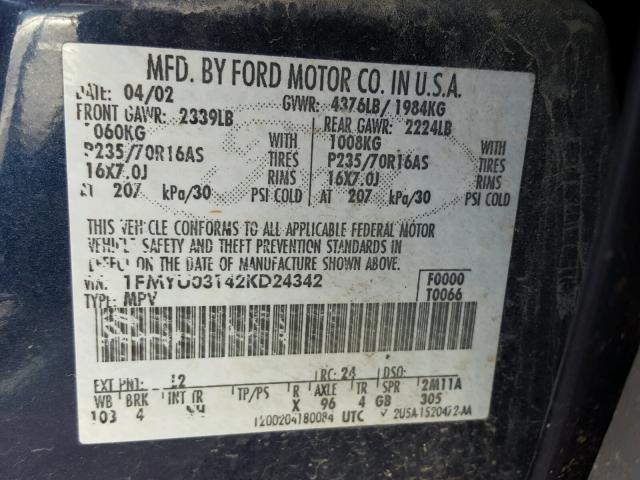 1FMYU03142KD24342 - 2002 FORD ESCAPE XLT BLUE photo 10