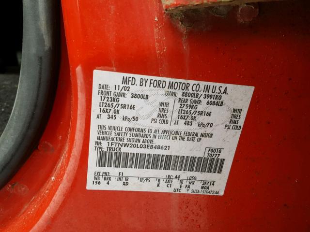 1FTNW20L03EB48621 - 2003 FORD F250 SUPER RED photo 10