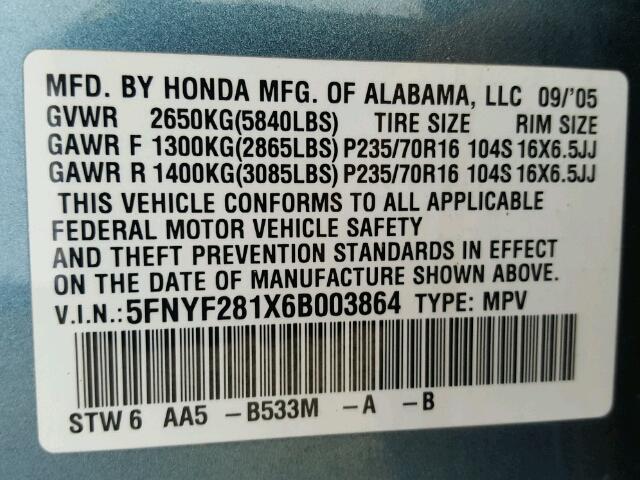 5FNYF281X6B003864 - 2006 HONDA PILOT LX BLUE photo 10