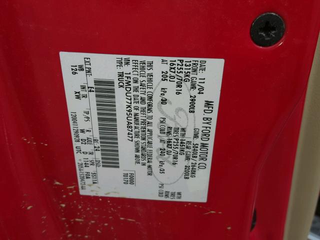 1FMDU77K95UA87477 - 2005 FORD EXPLORER S RED photo 10