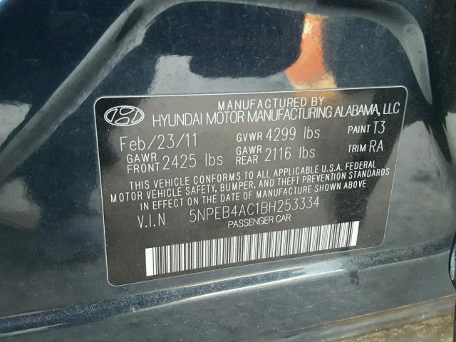 5NPEB4AC1BH253334 - 2011 HYUNDAI SONATA GLS BLACK photo 10