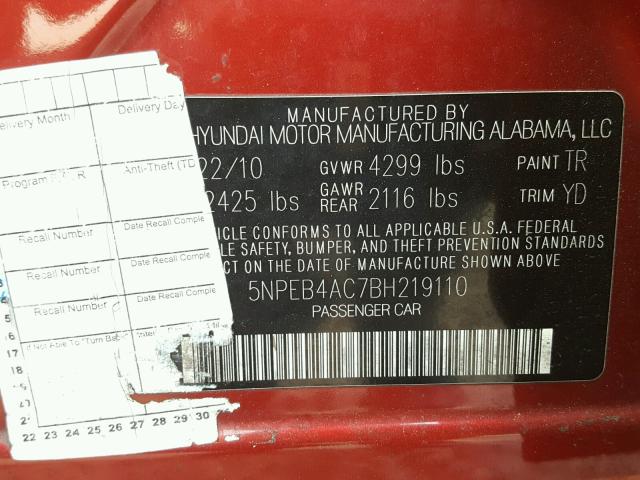 5NPEB4AC7BH219110 - 2011 HYUNDAI SONATA GLS RED photo 10