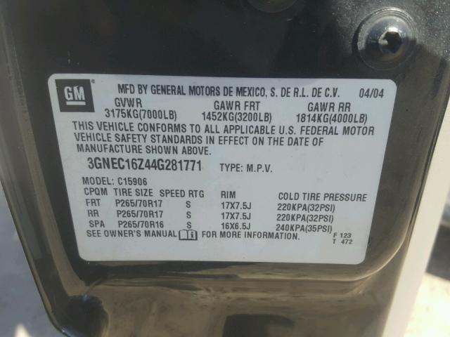 3GNEC16Z44G281771 - 2004 CHEVROLET SUBURBAN C CHARCOAL photo 10