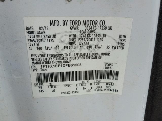 1FTFX1EF1DFB61503 - 2013 FORD F150 SUPER WHITE photo 10