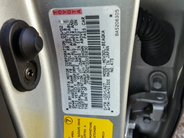 JTHBF30G720055830 - 2002 LEXUS ES 300 SILVER photo 10